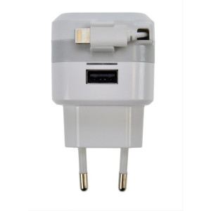 USB nabíjecí adaptér, navíjecí kabel Apple Lightning + 1x USB, 2400mA max., AC 230V, bílošedý