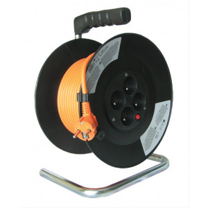 Prodlužovací přívod na bubnu, 4 zásuvky, oranžový kabel, černý buben, 20m