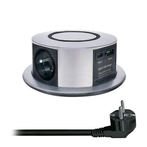 Solight 3z + USB A+C 20W PD, Wireless 10W, výsuvný blok zásuvek, 2m,  stříbrný