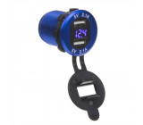 2x USB nabíječka s voltmetrem, hliníková do panelu, modrá