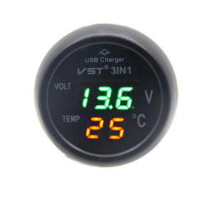 Digitální voltmetr s teploměrem + USB nabíječka do CL zásuvky, 12-24V