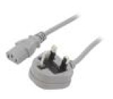 Kabel BS 1363 (G) vidlice,IEC C13 zásuvka PVC 2m šedá 3A