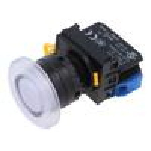 Přepínač: tlačítkový 22mm Stab.pol: 1 NO bílá LED IP65 pol: 2