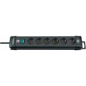 6cestná prodlužovací zásuvka Premium-Line, černá, 3 m, H05VV-F 3G1,5
