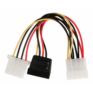 Redukční kabel interního napájení, 15-pinová zásuvka SATA - zástrčka Molex + zásuvka Molex, 0,15 m, více barev