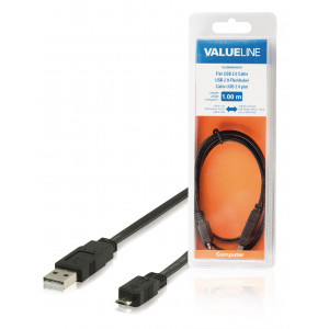 Plochý kabel USB 2.0, zástrčka USB A – zástrčka USB micro B, 1,00 m, černý
