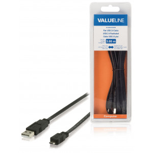 Plochý kabel USB 2.0, zástrčka USB A – zástrčka USB micro B, 3,00 m, černý