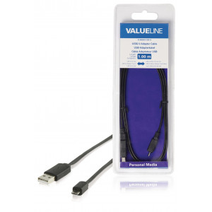 Redukční kabel USB, zástrčka USB 2.0 A - zástrčka USB 2.0 micro B, plochý, černý, 1,00 m