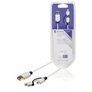 Synchronizační a nabíjecí kabel, USB Micro B zástrčka – A zástrčka + 8-pin Lightning adaptér se zástrčkou, 1 m, bílý
