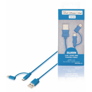 Synchronizační a nabíjecí kabel 2 v 1, zástrčka USB 2.0 A – zástrčka Micro B + adaptér Lightning, 1 m, modrý