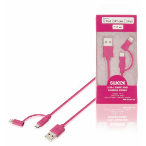 Synchronizační a nabíjecí kabel 2 v 1, zástrčka USB 2.0 A – zástrčka Micro B + adaptér Lightning, 1 m, růžový