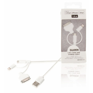 Synchronizační a nabíjecí kabel 3 v 1, zástrčka USB 2.0 A – zástrčka Micro B + adaptér Lightning + 30-pin dokovací adaptér, 1 m, bílý