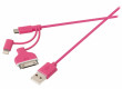 Synchronizační a nabíjecí kabel 3 v 1, zástrčka USB 2.0 A – zástrčka Micro B + adaptér Lightning + 30-pin dokovací adaptér, 1 m, růžový