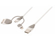 Synchronizační a nabíjecí kabel 3 v 1, USB 2.0 A zástrčka – Micro B zástrčka, s přiloženým adaptérem Lightning + 30-pin dokovacím adaptérem, 1 m, bílý