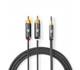 Stereofonní Audio Kabel | 3,5mm Zástrčka – 2× RCA Zástrčka | Kovově Šedý | Opletený Kabel