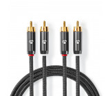 Stereofonní Audio Kabel | 2× RCA Zástrčka – 2× RCA Zástrčka | Kovově Šedý | Opletený Kabel