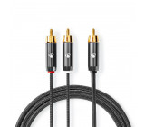 Kabel pro Subwoofer | RCA Zástrčka – 2x RCA Zástrčka | 3,0 m | Kovově Šedý Opletený