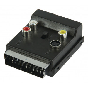 Přepínací SCART AV adaptér, zástrčka SCART – zásuvka SCART + 3× zásuvka RCA + zásuvka S-Video, černý