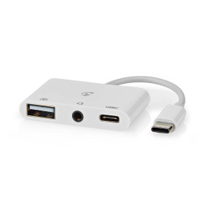 USB Multiport Adaptér | USB 2.0 | USB-C™ Zástrčka | USB-A Zásuvka / USB-C™ Zásuvka / 3,5 mm Zásuvka | 480 Mbps | Kulatý | Poniklované | PVC | Bílá | Box
