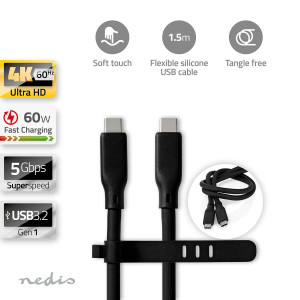 USB kabel | USB 3.2 Gen 1 | USB-C™ Zástrčka | USB-C™ Zástrčka | 60 W | 8K@30Hz | 5 Gbps | Poniklované | 1.50 m | Kulatý | Silikonový | Černá | Box