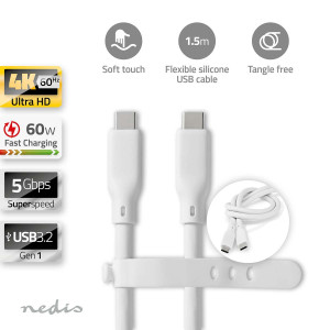 USB kabel | USB 3.2 Gen 1 | USB-C™ Zástrčka | USB-C™ Zástrčka | 60 W | 4K@60Hz | 5 Gbps | Poniklované | 1.50 m | Kulatý | Silikonový | Bílá | Box