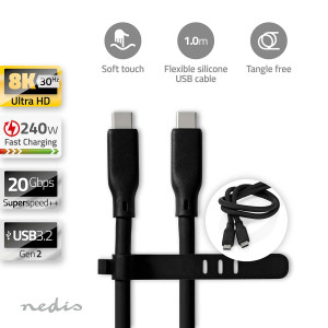 USB kabel | USB 3.2 Gen 2 | USB-C™ Zástrčka | USB-C™ Zástrčka | 240 W | 8K@30Hz | 20 Gbps | Poniklované | 1.00 m | Kulatý | Silikonový | Bílá | Box