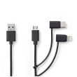 Kabel 3 v 1 | USB 2.0 | USB-A Zástrčka | Apple Lightning 8pinový / USB Micro-B Zástrčka / USB-C™ Zástrčka | 480 Mbps | 1.00 m | Poniklované | Kulatý | PVC | Černá | Label