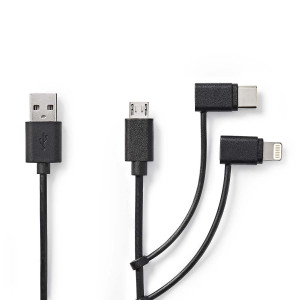 Kabel 3 v 1 | USB 2.0 | USB-A Zástrčka | Apple Lightning 8pinový / USB Micro-B Zástrčka / USB-C™ Zástrčka | 480 Mbps | 1.00 m | Poniklované | Kulatý | PVC | Černá | Label