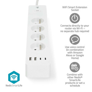 SmartLife Prodlužovací Přívod | Wi-Fi | Francie / Typ E (CEE 7/6) / USB A / USB-C ™ | 16 A | 3680 W | 2.00 m | 0 - 55 °C | Android™ / IOS | Bílá