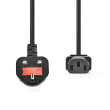 Napájecí kabel | UK Zástrčka | IEC-320-C13 | Úhlový | Přímý | Poniklované | 3.00 m | Kulatý | PVC | Černá | Label