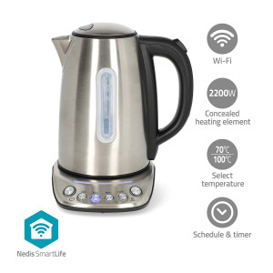 SmartLife Rychlovarná konvice | Wi-Fi | 1.7 l | Nerezová Ocel | 70,80,90,100 °C | Ukazatel teploty | Otočný o 360 stupňů | Skryté topné těleso | Řadič Strix® | Android™ / IOS