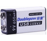 Nabíjecí baterie Li-ion 9V 650mAh 6F22, Doublepow, napájení USB