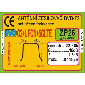 Anténní zesilovač 16dB DVB-T2 s potlačením 02+UFON+5G LTE