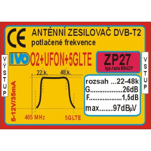 Anténní zesilovač 26dB DVB-T2 nízkošumový s potlačením 02+UFON+5G LTE