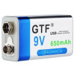 Nabíjecí baterie Li-ion 9V 650mAh 6F22, GTF, napájení USB
