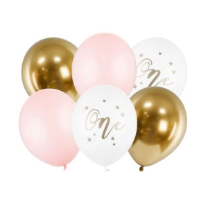 Narozeninové balónky ONE,bílé, zlaté, růžové 30cm, 5ks