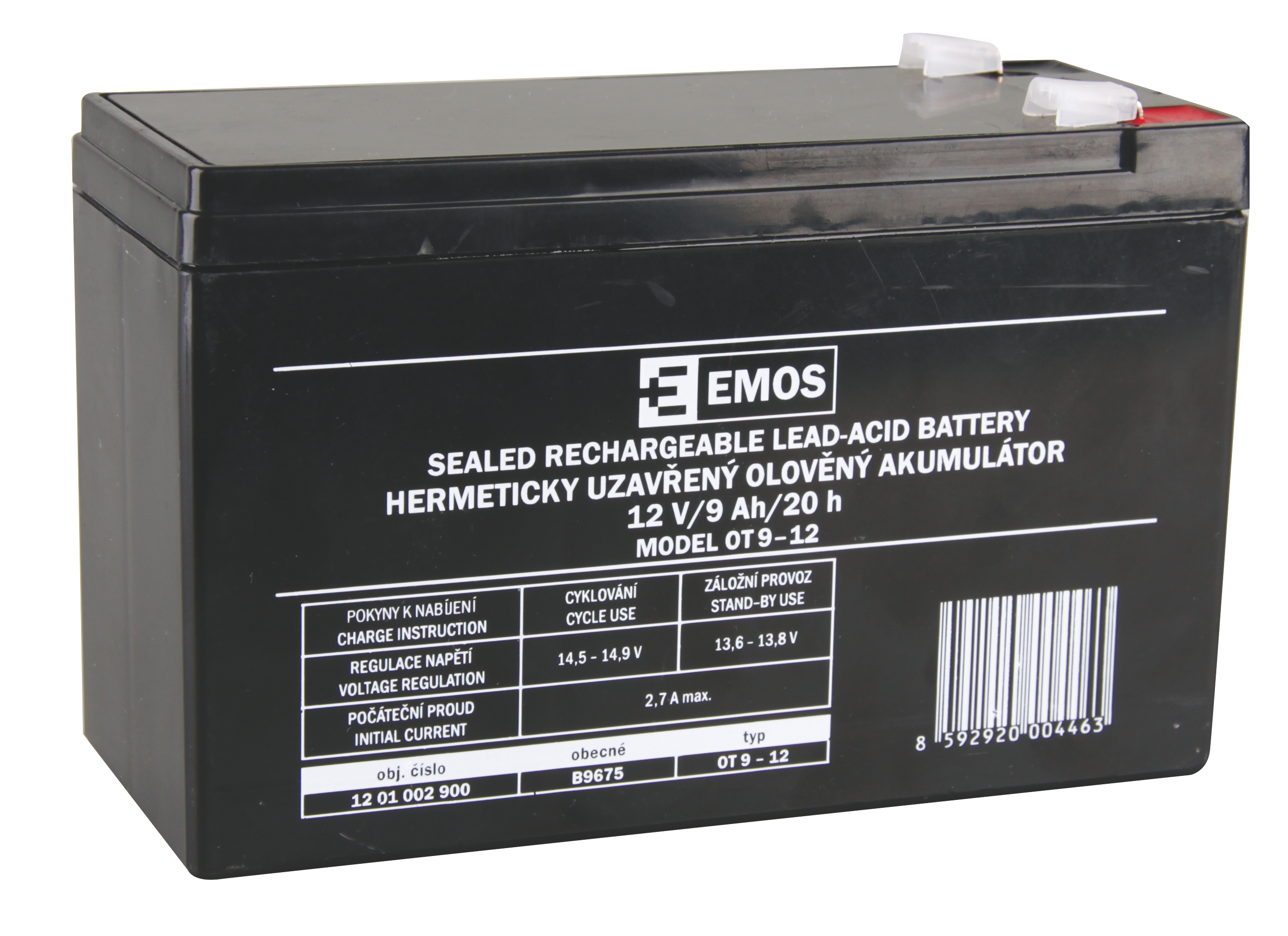 EMOS B9675 Bezúdržbový olověný akumulátor 12 V/9 Ah, faston 6,3 mm