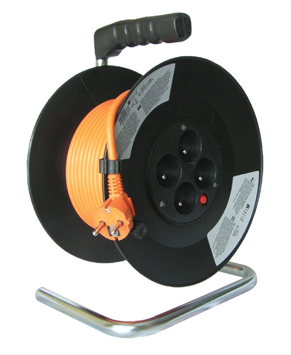 SOLIGHT PB09 Prodlužovací přívod na bubnu, 4 zásuvky, oranžový kabel, černý buben, 20m