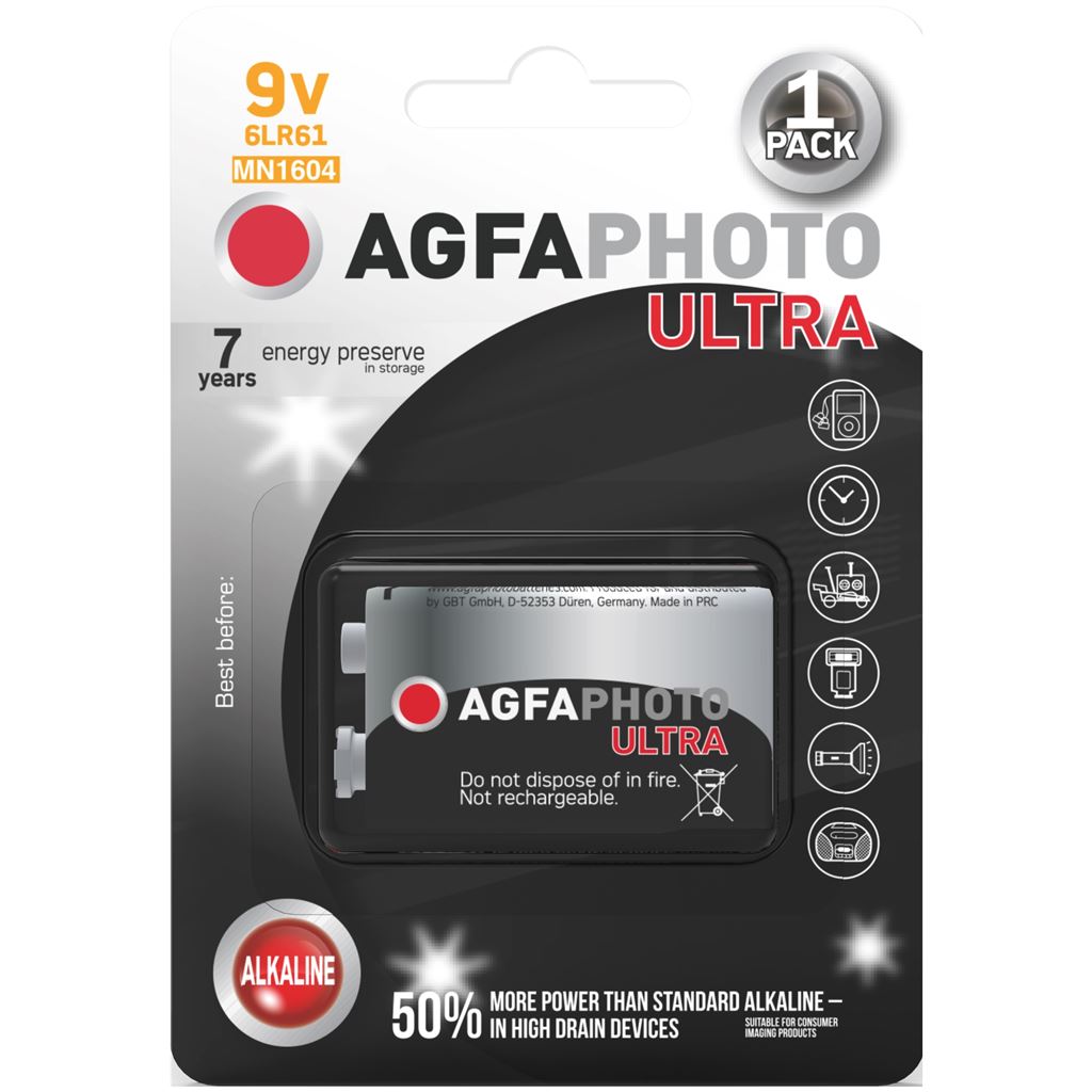 SOLIGHT AP-6LR61U-1B AgfaPhoto Ultra alkalická baterie 9V, blistr 1ks