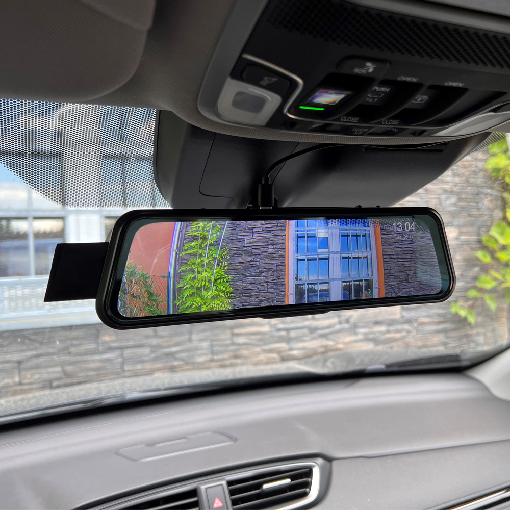 Monitor 9,66&quot; s Apple CarPlay, Android auto, Bluetooth, Dual DVR v zrcátku pro montáž na zrcátko