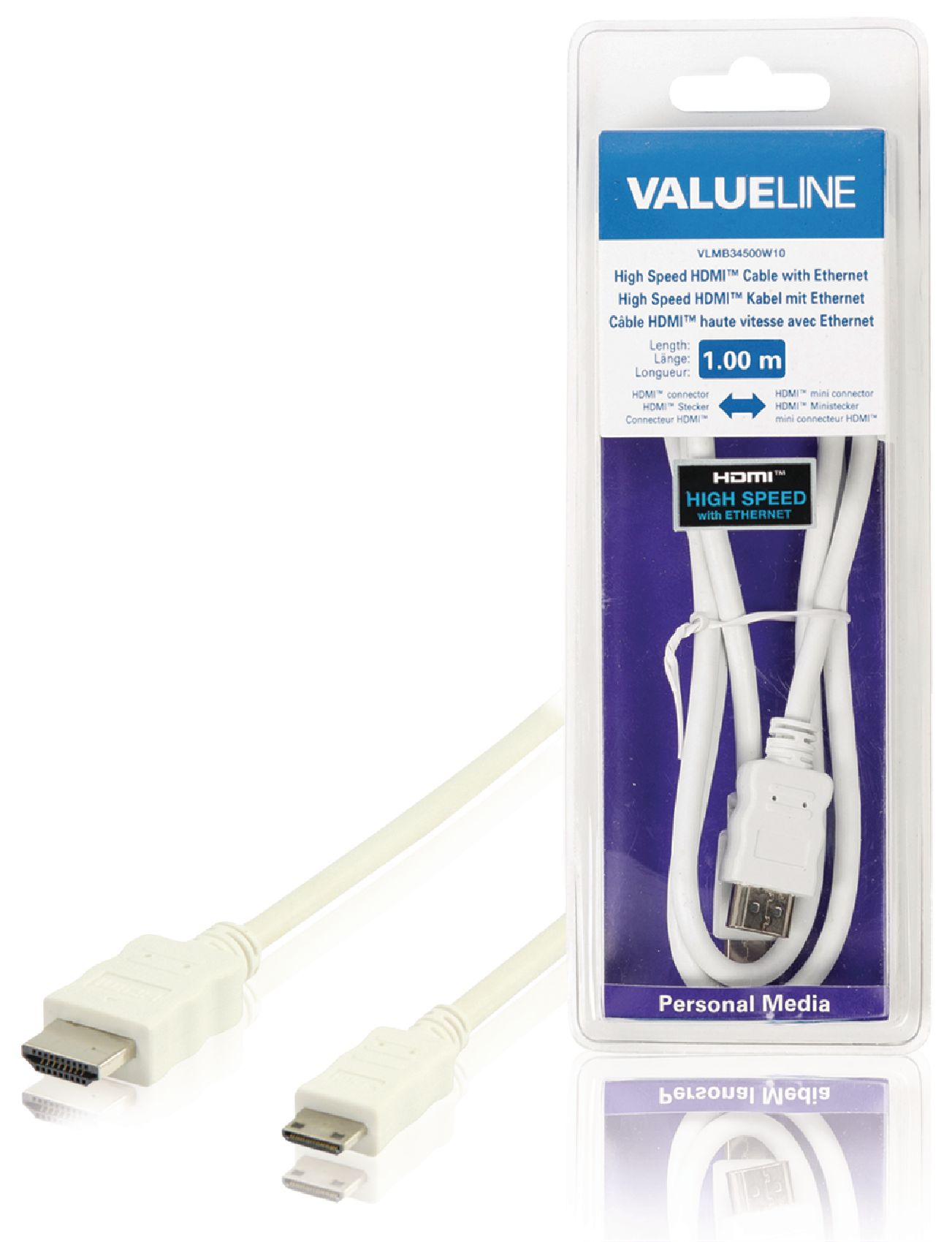VALUELINE VLMB34500W10 High Speed HDMI Kabel s Ethernetem HDMI Konektor - HDMI Mini Konektor 1,00 m, bílá