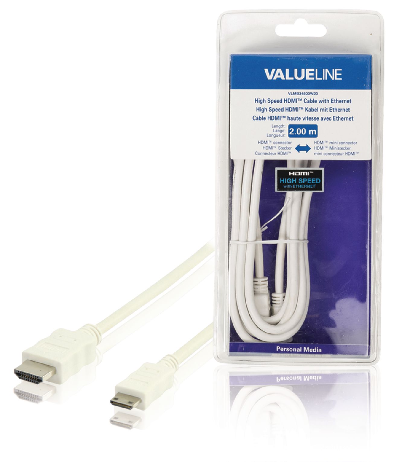 VALUELINE VLMB34500W20 High Speed HDMI Kabel s Ethernetem HDMI Konektor - HDMI Mini Konektor 2,00 m, bílá
