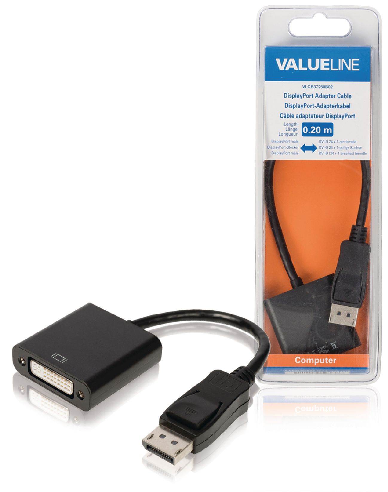 VALUELINE VLCB37250B02 Redukční kabel, zástrčka DisplayPort - 24 + 1-pinová zásuvka DVI-D, 0,20 m, černý