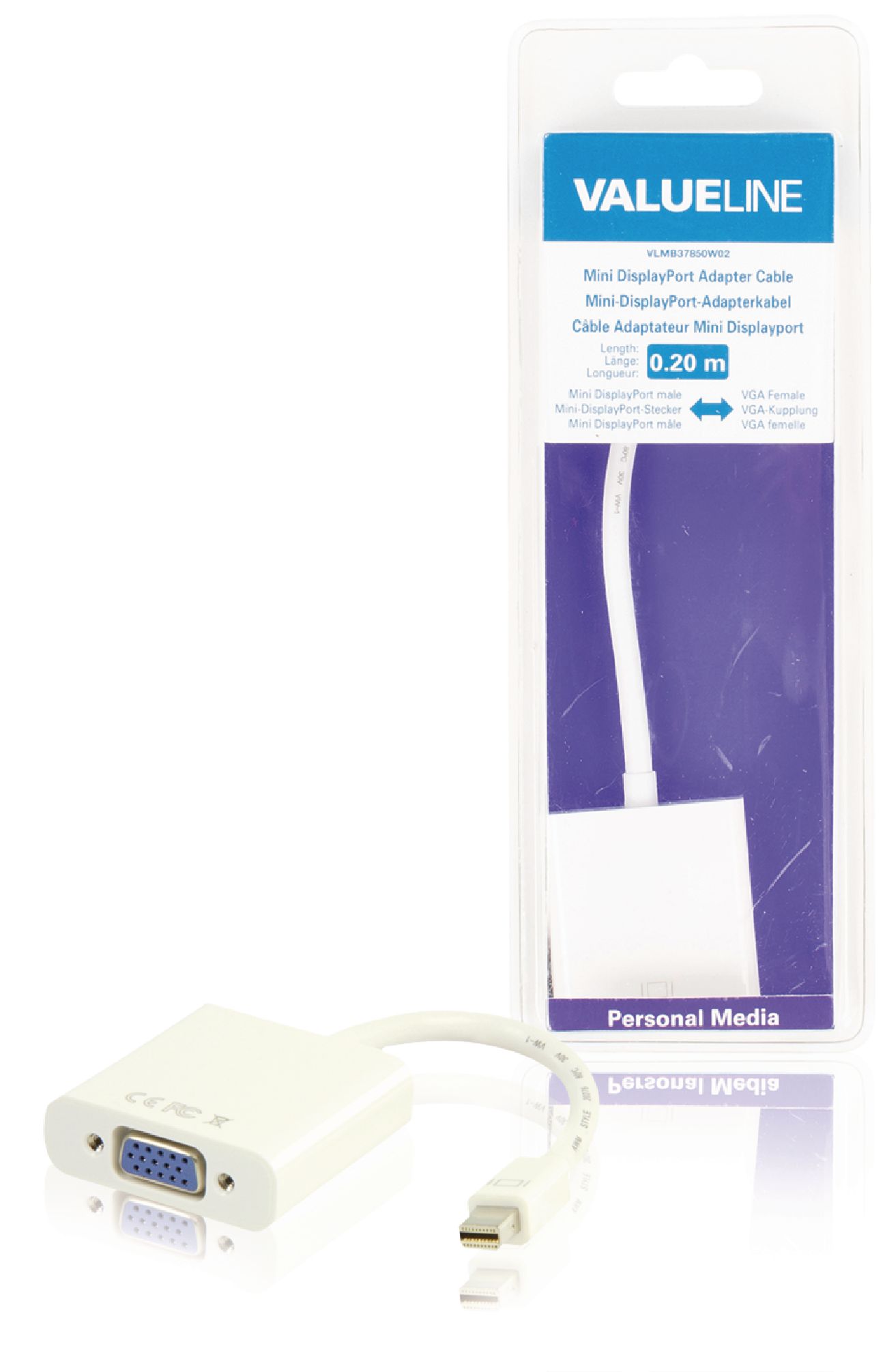 VALUELINE VLMB37850W02 Redukční kabel mini DisplayPort, zástrčka mini DisplayPort - zásuvka VGA, bílý, 0,20 m