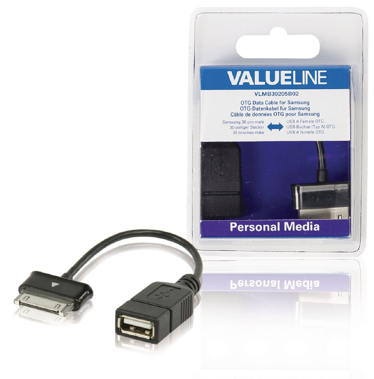 VALUELINE VLMB39205B02 Datový kabel OTG data pro zařízení Samsung, 30pinová zástrčka - zásuvka USB A, černý, 0,20 m