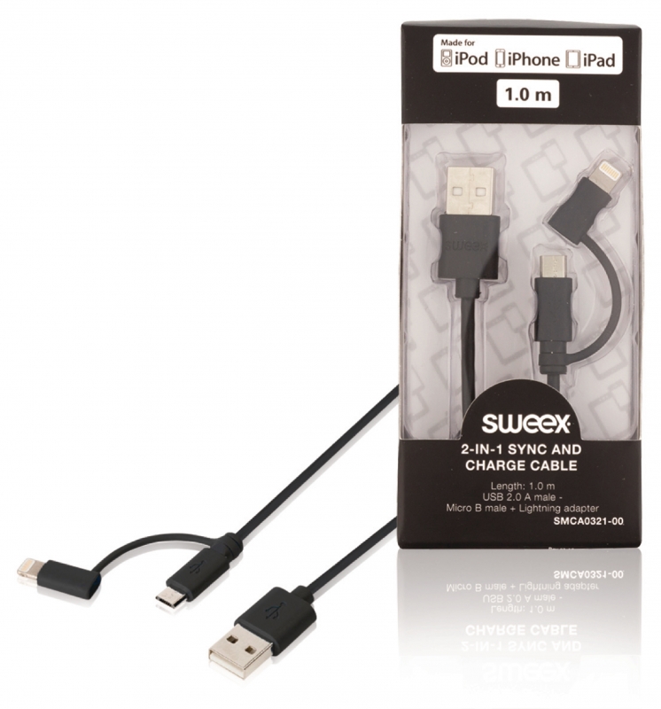 SWEEX SMCA0321-00 Synchronizační a nabíjecí kabel 2 v 1, zástrčka USB 2.0 A – zástrčka Micro B + adaptér Lightning, 1 m, černý