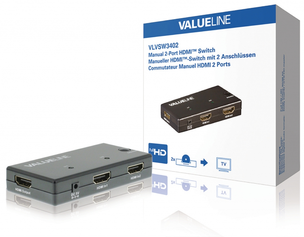 VALUELINE VLVSW3402 Ruční 2portový HDMI přepínač, 2x HDMI vstup – HDMI výstup, černý