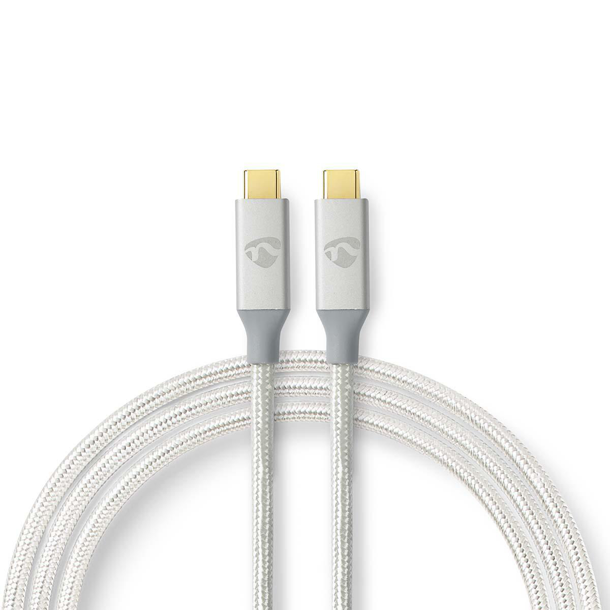 NEDIS USB kabel | USB 3.2 Gen 2x2 | USB Typ-C ™ Zástrčka | USB Typ-C ™ Zástrčka | 20 Gbps | 100 W | Pozlacené | 2.00 m | Kulatý | Nylon / Opletený | Stříbrná | Box s Okénkem