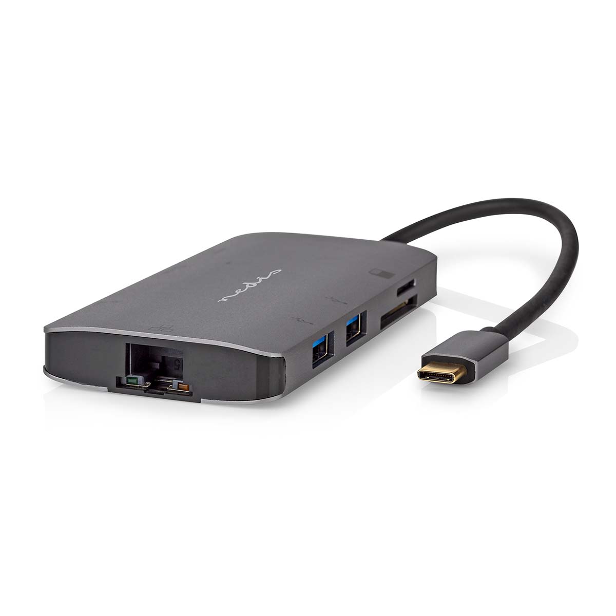 NEDIS USB Multiport Adaptér | USB 3.2 Gen 1 | USB-C™ Zástrčka | Micro SD / RJ45 Zásuvka / SD / USB-C™ Zásuvka / Výstup HDMI™ / 3x USB-A Zásuvka | 5 Gbps | 0.20 m | Kulatý | Pozlacené | PVC | Antracit | Box