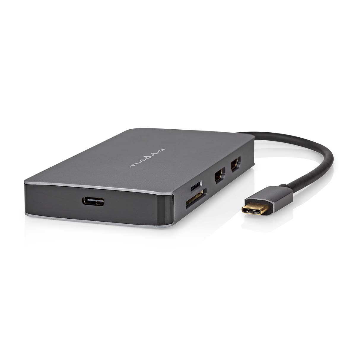 NEDIS USB Multiport Adaptér | USB 3.2 Gen 1 | USB-C™ Zástrčka | Micro SD / RJ45 Zásuvka / SD / USB-C™ Zásuvka / 2x HDMI™ / 2x USB-A Zásuvka | 5 Gbps | 0.20 m | Kulatý | Pozlacené | PVC | Antracit | Box